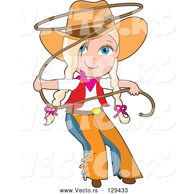 Vector of Cartoon Cowgirl in Chaps and a Hat, Swirling a Lasso, Her Blond Hair in BraChildren