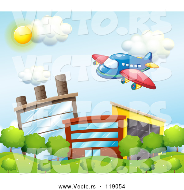 Vector of Cartoon Cute Airplane over a Factory 2