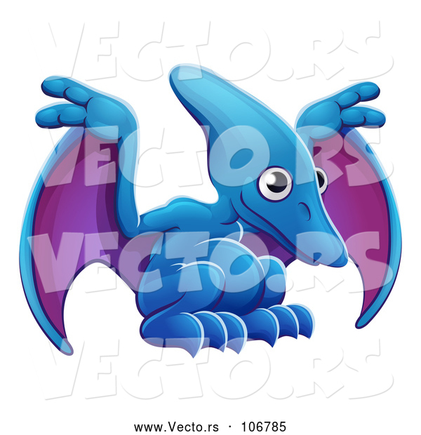 Vector of Cartoon Cute Blue and Purple Pterodactyl Dinosaur