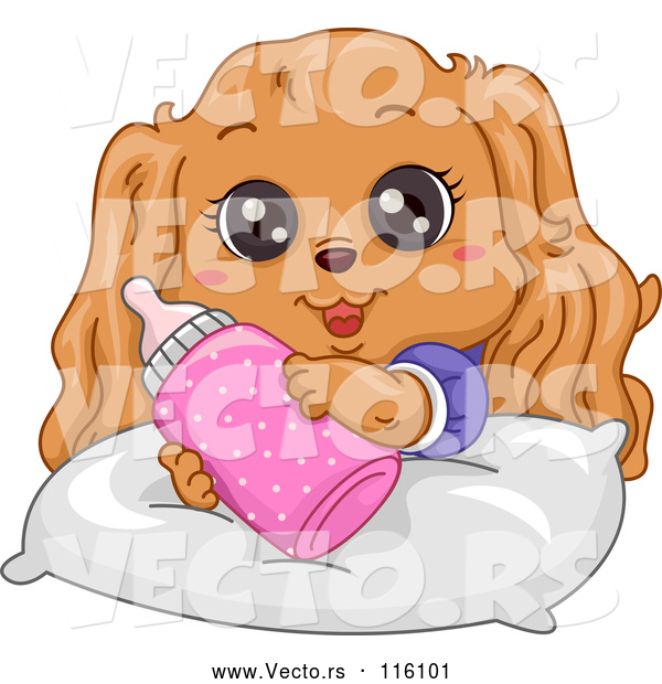 Vector of Cartoon Cute Cocker Spaniel Puppy with a Bottle