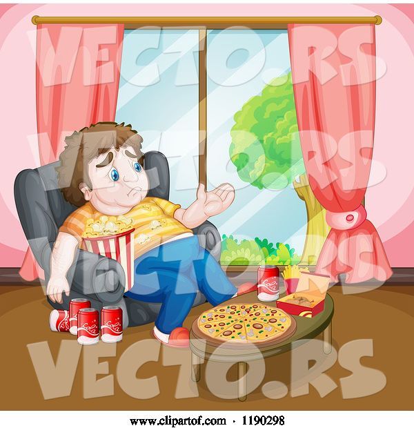 Vector of Cartoon Depressed Fat Guy Surrounded by Junk Food