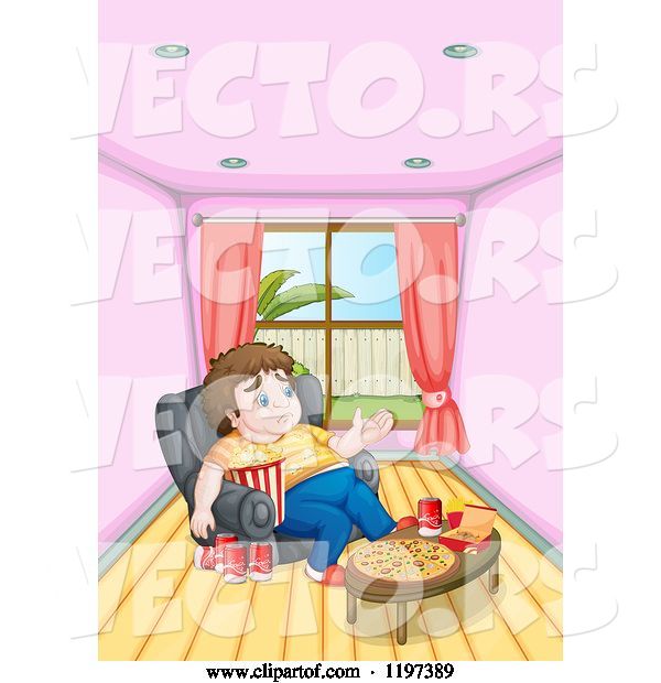 Vector of Cartoon Depressed Fat Guy Surrounded by Junk Food in a Living Room