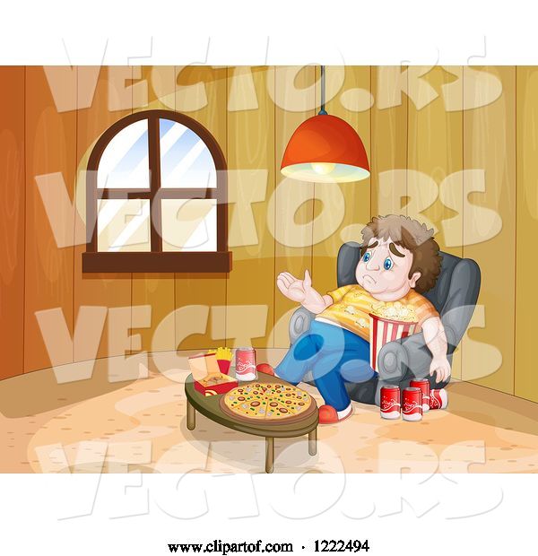 Vector of Cartoon Depressed Gluttonous Guy Surrounded by Food