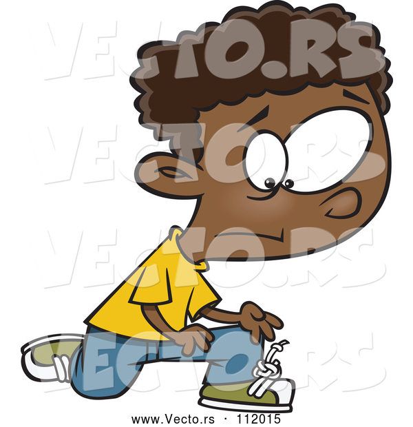 Vector of Cartoon Distressed Black Boy with a Knot in His Shoe Laces