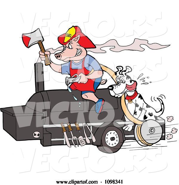 Vector of Cartoon Fireman Dalmation and Pig on a Smoker Bbq