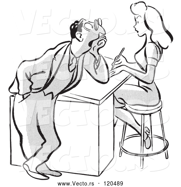 Vector of Cartoon Flirty Business Man Staring at a Beautiful Colleague - Black and White Version