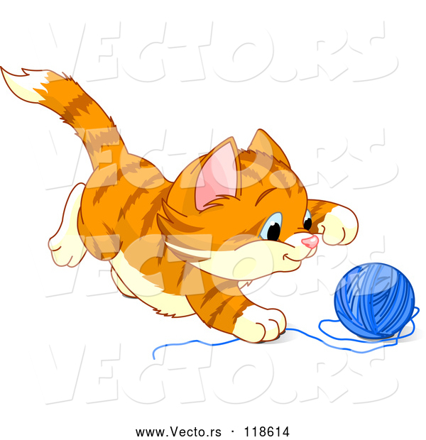 Vector of Cartoon Frisky Ginger Kitten Playing with Yarn