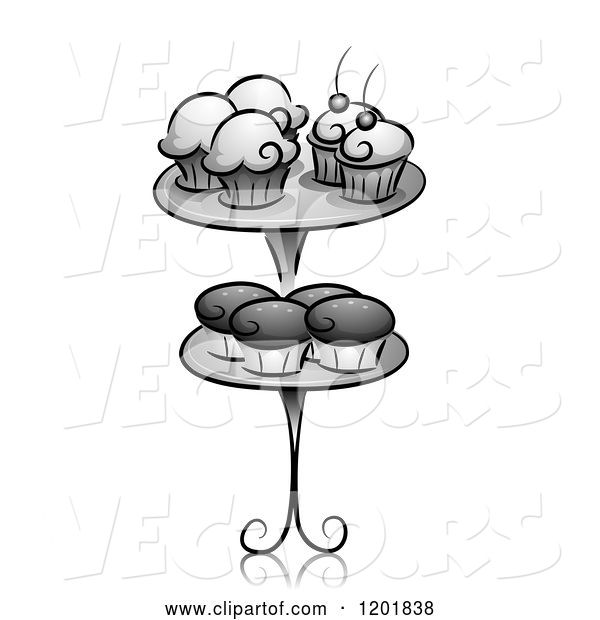 Vector of Cartoon Grayscale Cupcakes on a Stand