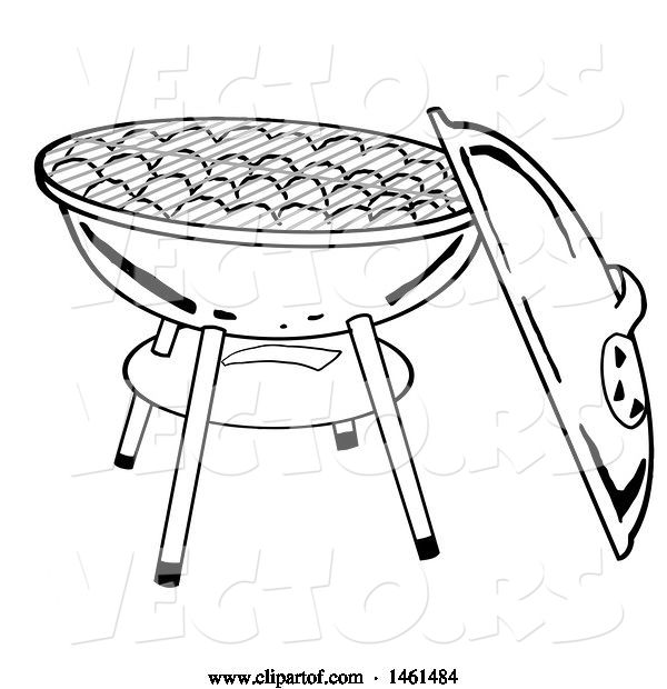 Vector of Cartoon Grayscale Kettle Bbq Grill with Charcoal