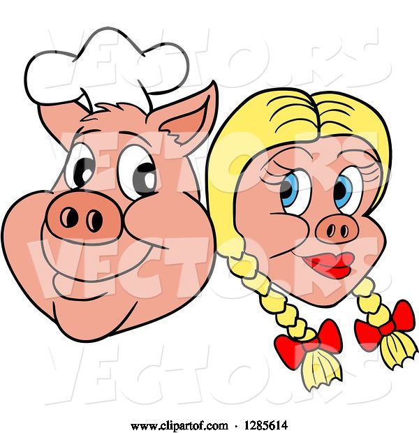 Vector of Cartoon Grinning Chef Pig Face and Blond Haired Girlfriend