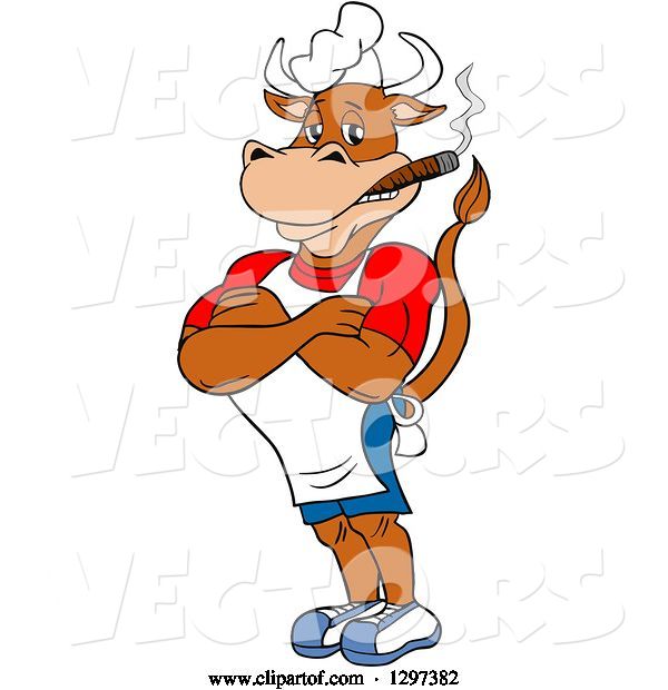Vector of Cartoon Grinning Muscular Bbq Chef Cow with Folded Arms, Smoking a Cigar