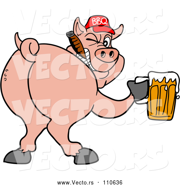 Vector of Cartoon Grinning Pig Looking Back, Smoking a Cigar, Wearing a Bbq Hat, Holding a Beer