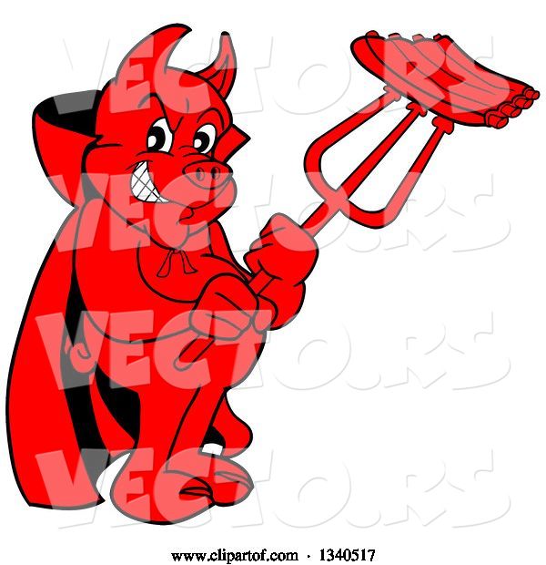 Vector of Cartoon Grinning Red Pig Devil Holding Bbq Ribs on a Trident