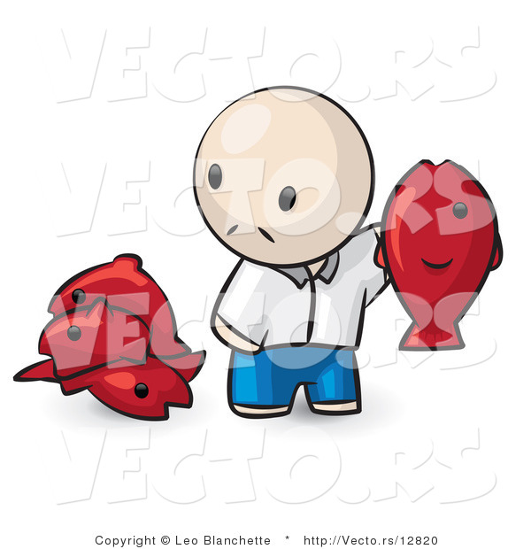 Vector of Cartoon Guy Holding up a Red Fish