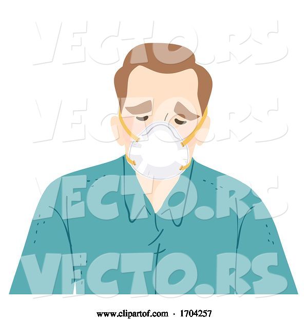 Vector of Cartoon Guy Wear N95 Face Mask Sad Illustration