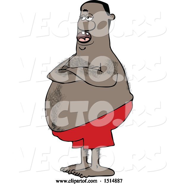 Vector of Cartoon Hairy Chubby Black Guy with Folded Arms, Standing in Swim Trunks
