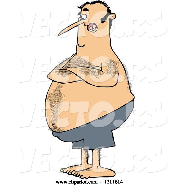 Vector of Cartoon Hairy Chubby White Guy with Folded Arms, Standing in Blue Swim Trunks