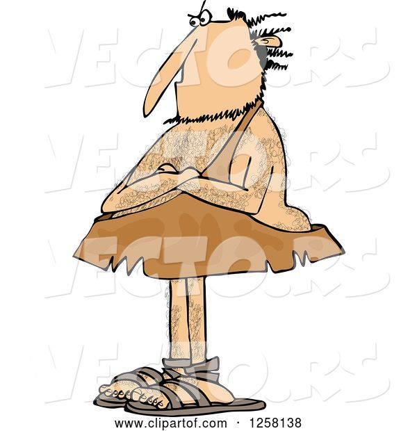 Vector of Cartoon Hairy Stubborn Caveman Standing with Folded Arms