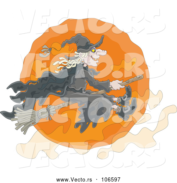 Vector of Cartoon Halloween Witch Flying on a Broomstick over an Orange Full Moon