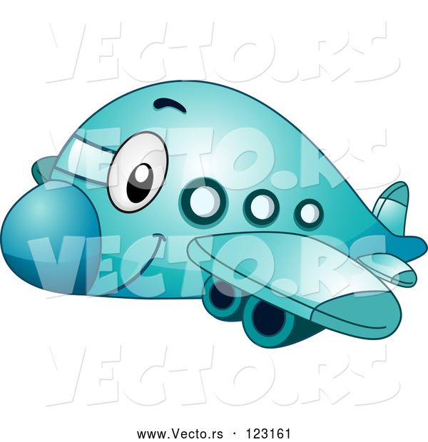 Vector of Cartoon Happy Blue Passenger Airplane