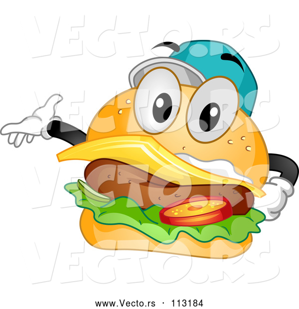 Vector of Cartoon Happy Cheeseburger Character Wearing a Baseball Cap and Presenting