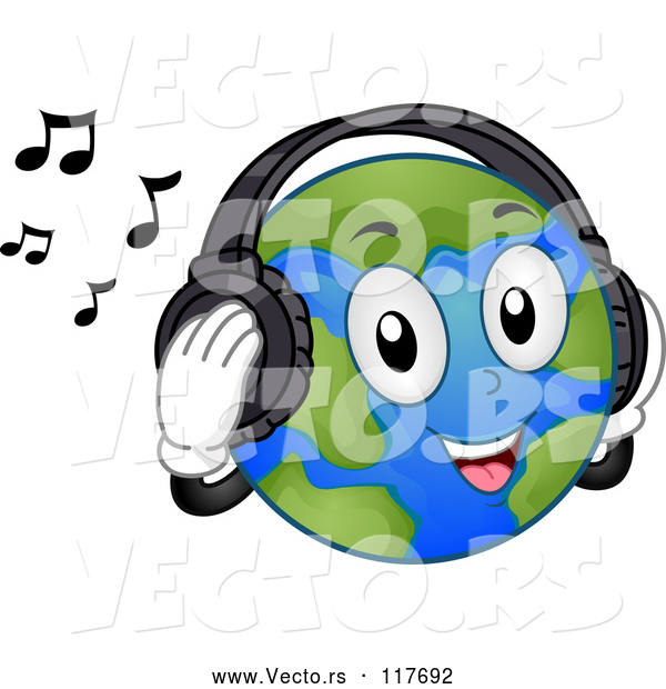 Vector of Cartoon Happy Earth Mascot Listening to Music with Headphones