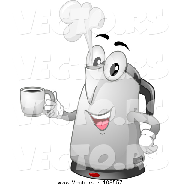 Vector of Cartoon Happy Electric Kettle Character Holding a Coffee Mug
