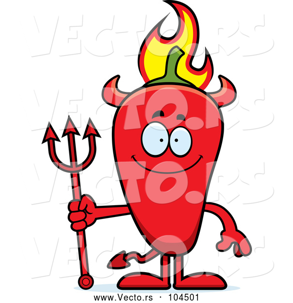 Vector of Cartoon Happy Flaming Red Chili Pepper Devil Mascot