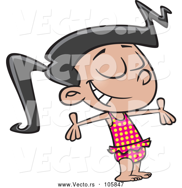 Vector of Cartoon Happy Girl in a Swimsuit, Soaking up the Sunshine