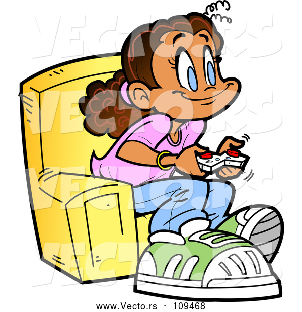 Vector of Cartoon Happy Girl Sitting in a Chair and Playing Video Games