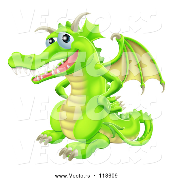 Vector of Cartoon Happy Green Dragon with His Hands on His Hips