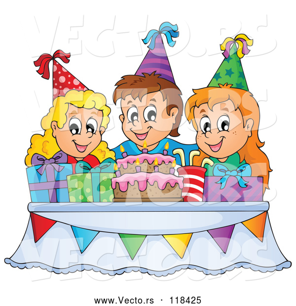 Vector of Cartoon Happy KChildren Around a Cake and Pesents at a Birthday Party