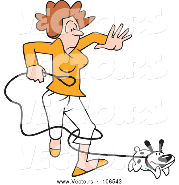 Vector of Cartoon Happy Puppy Dog Running and Tangling a White Lady in a Leash