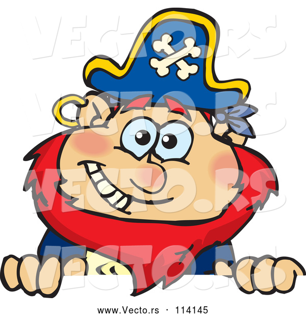 Vector of Cartoon Happy Red Haired Male Pirate Peeking over a Sign