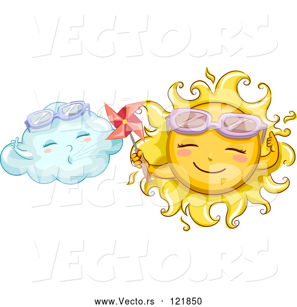 Vector of Cartoon Happy Sun Holding a Pinmill by a Cloud