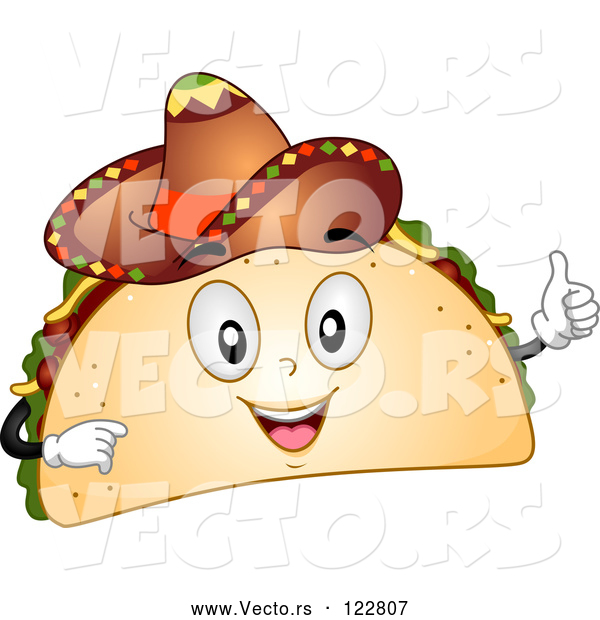 Vector of Cartoon Happy Taco Mascot Holding a Thumb up and Wearing a Sombrero