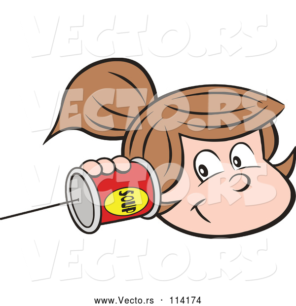 Vector of Cartoon Happy White Girl Holding a Can Pone to Her Ear