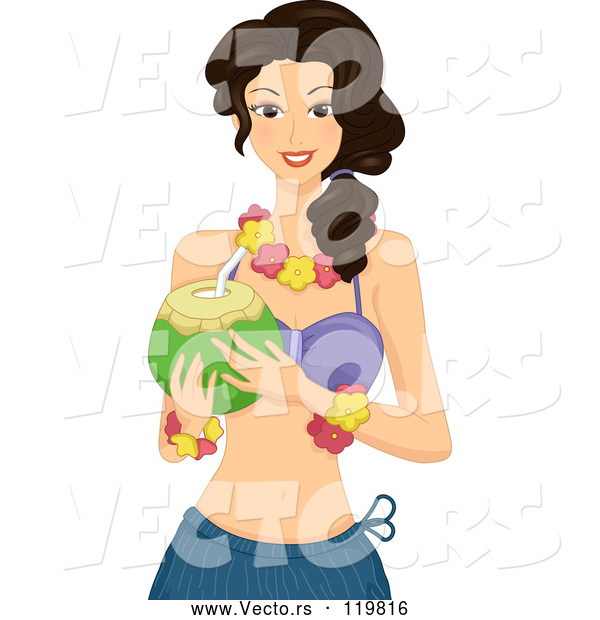 Vector of Cartoon Hawaiian Lady Holding a Coconut
