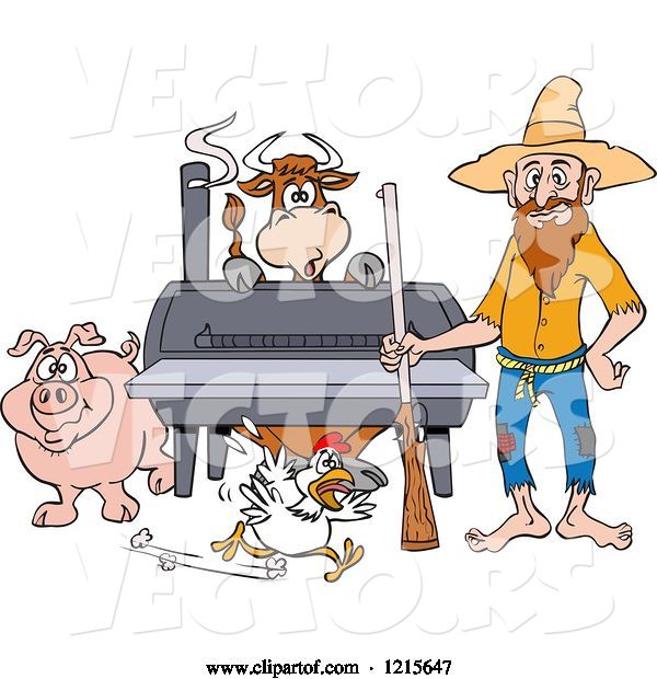 Vector of Cartoon Hillbilly Guy with a Rifle, Standing by a Bbq Smoker with a Cow Chicken and Pig