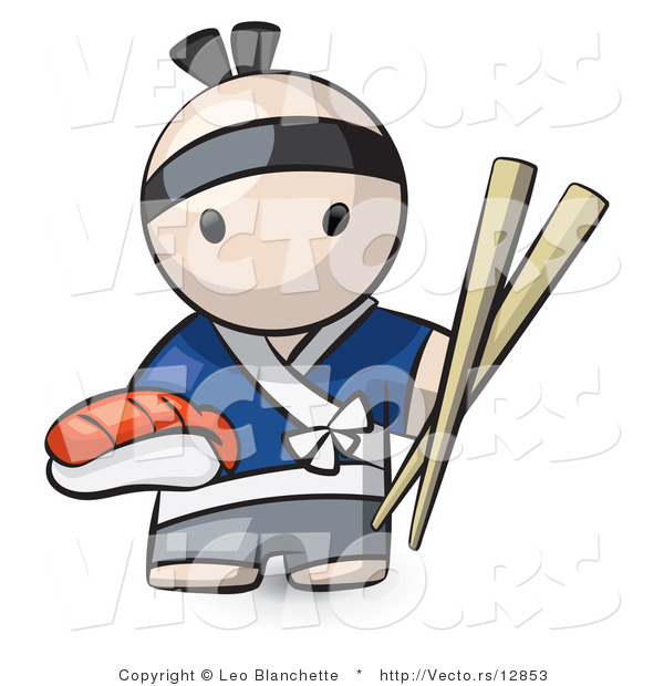Vector of Cartoon Japanese Chef with Sushi and Chopsticks