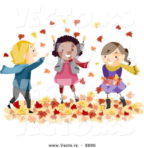 Vector of Cartoon Kids Playing in Autumn Leaves