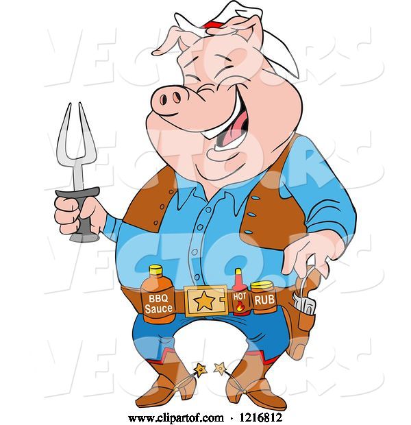 Vector of Cartoon Laughing Cowboy Pig Holding a Bbq Fork and Wearing Sauces on a Belt