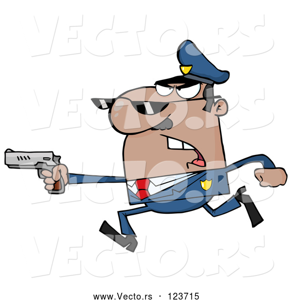 Vector of Cartoon Male Black Police Officer Running with a Gun