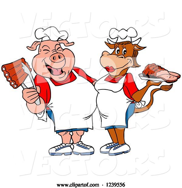 Vector of Cartoon Male Chef Pig Holding Ribs and Female Chef Cow Holding Brisket