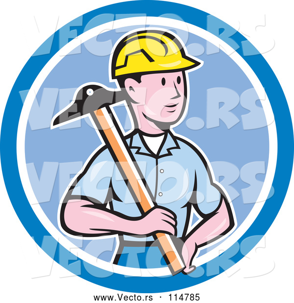 Vector of Cartoon Male Engineer Holding a T Square in a Blue Circle