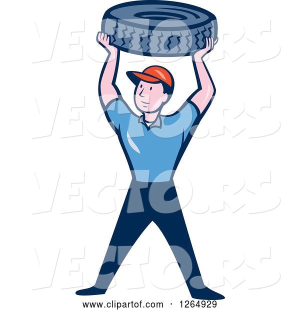 Vector of Cartoon Male Mechanic Worker Holding up a Tire