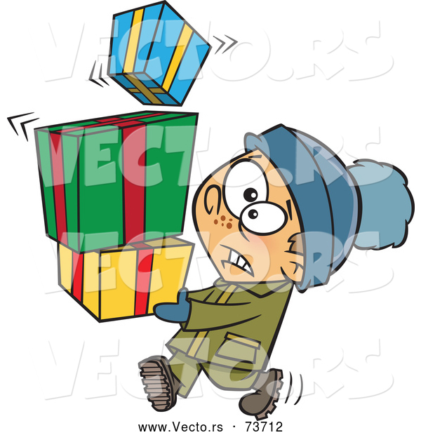 Vector of Cartoon Nervous Kid Carrying Stack of Christmas Presents