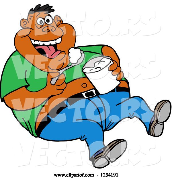Vector of Cartoon Obese Black Guy Laughing and Eating Food from a Bucket