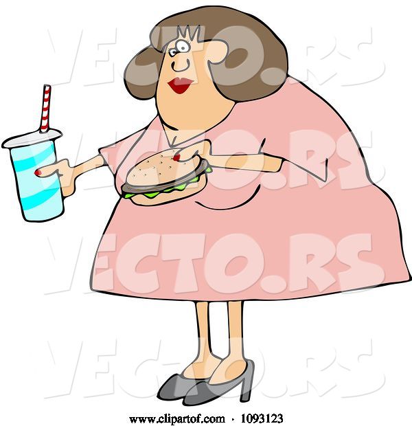 Vector of Cartoon Obese Lady Carrying a Soda and Hamburger