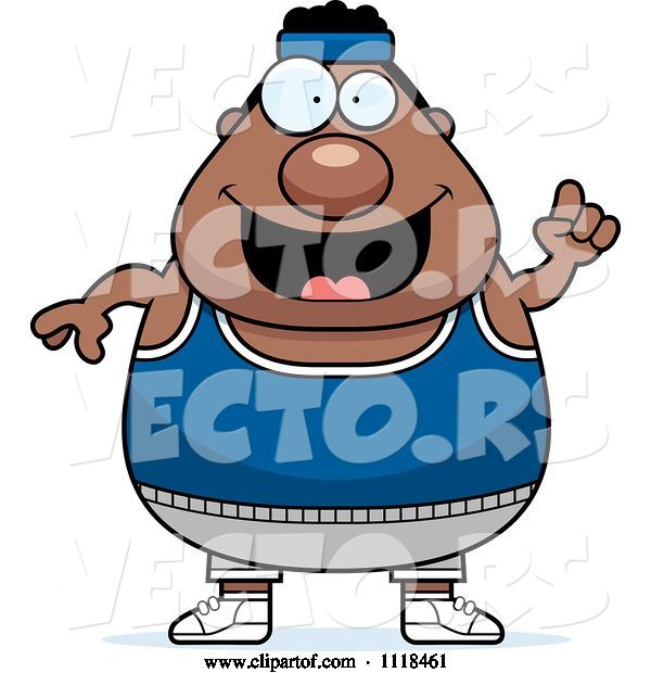 Vector of Cartoon of a | Happy Plump Black Gym Guy with an Idea| Royalty Free Vector Clipart